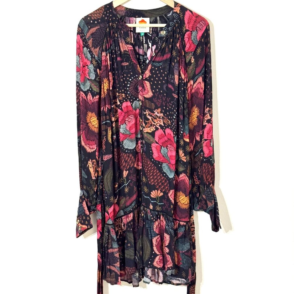 Farm Rio River Creatures Black Floral Mini Dress Tie Belt Button Front Tassels - Picture 5 of 16